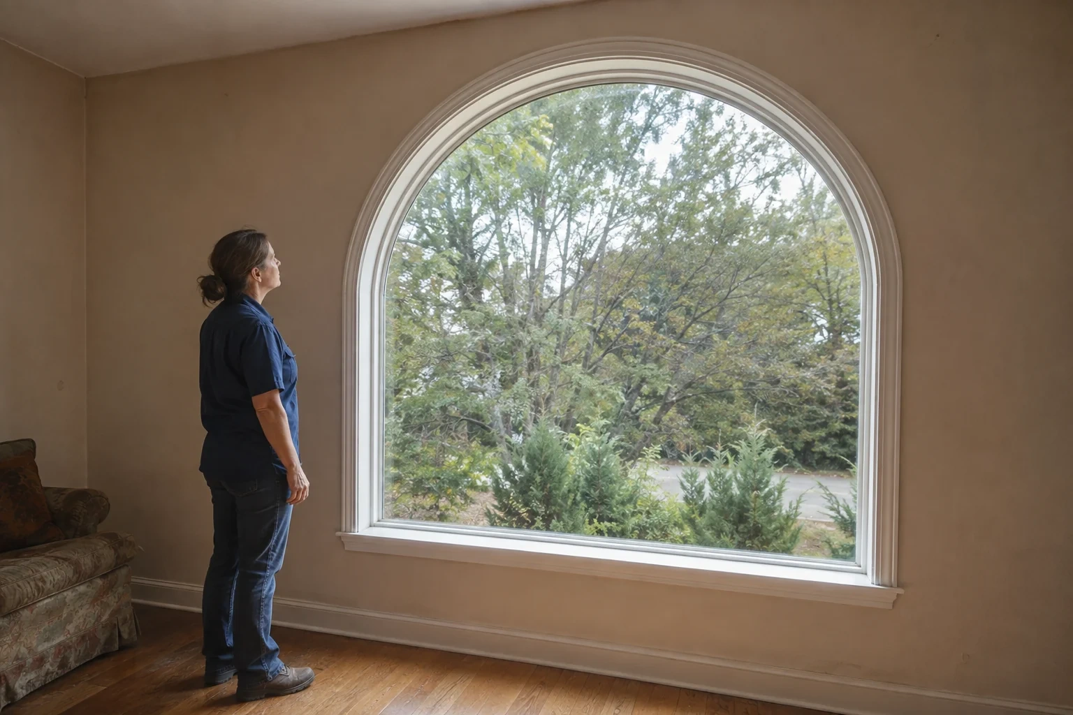 Woman looking at a large arched window with a white frame.